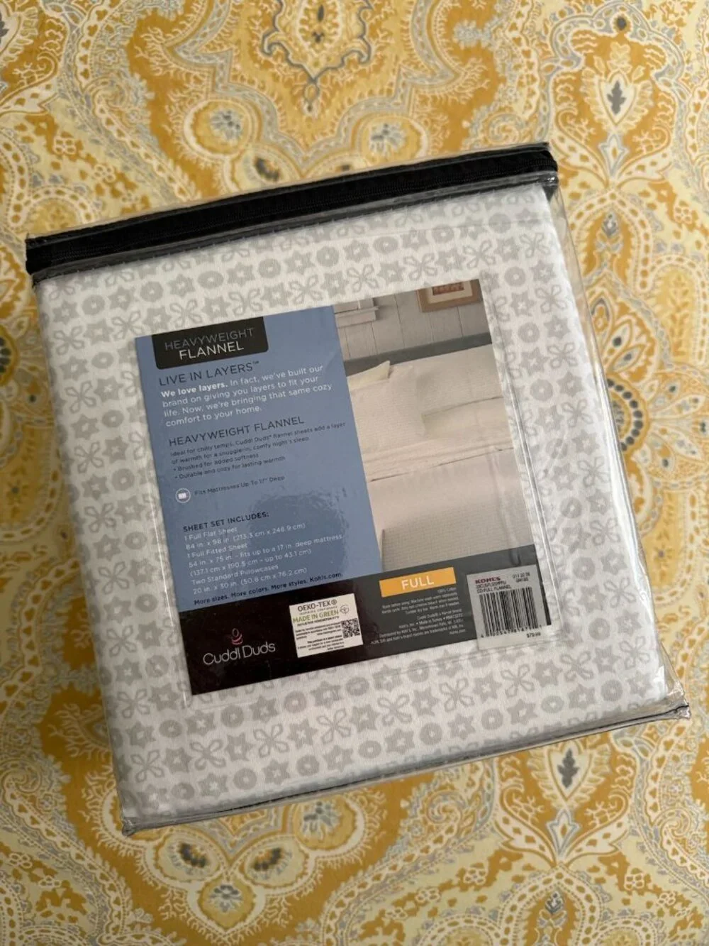 Cuddl Duds Heavyweight Flannel White & Gray Geo Full Sheet Set - NIP